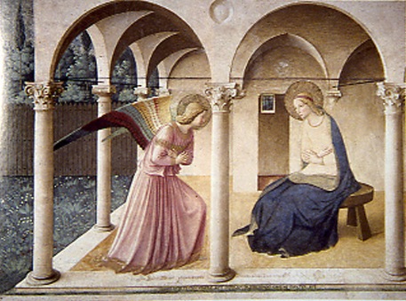 The Annunciation by Fra Angelico (1395-1455 AD)  Fresco painting at the top of the stairs in the Monastery of San Marco in Florence Italy (1437-46) 