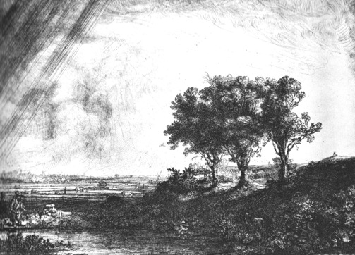 Three Trees,  1643, 8 3/8” x 11 1/6 “,  etching on copper (Includes engraving, etching, drypoint and some tone; may have been a plate with other subject started (cloud area on left)) 